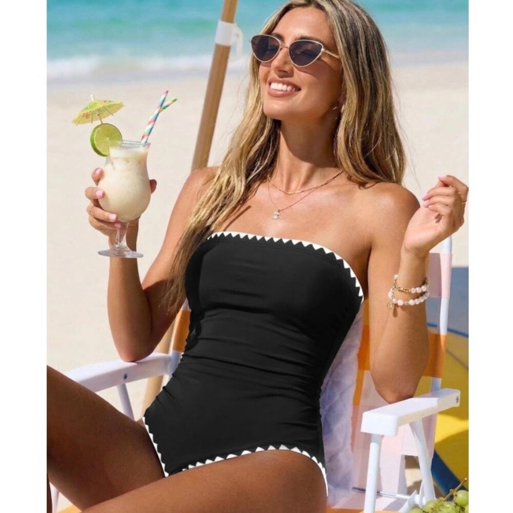 Holipick Women Black Strapless Bandeau One Piece Swimsuit Tummy Control XXL NWT - Picture 4 of 8